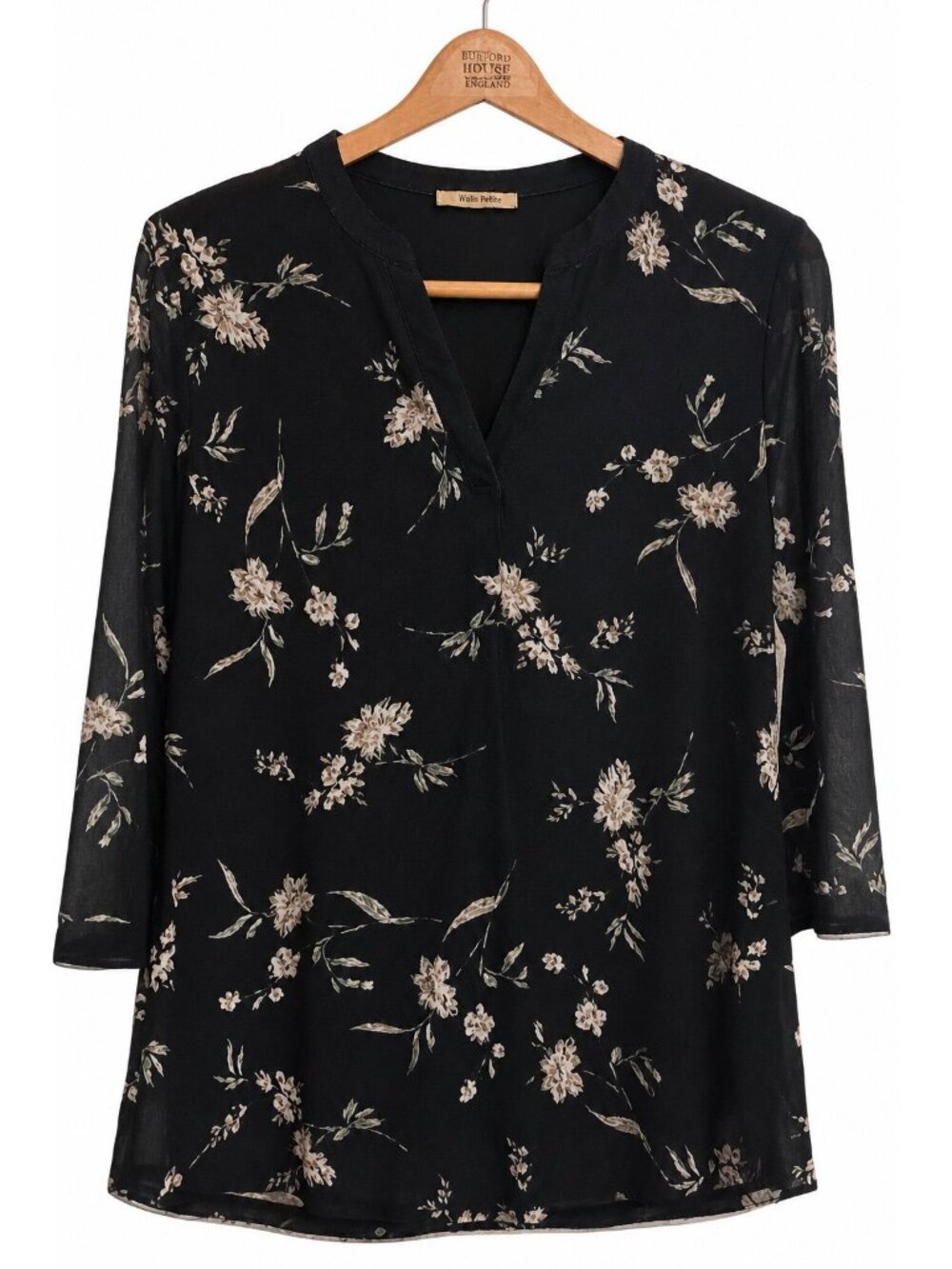 Wallis Petite Black Floral Tunic Blouse Sheer Sleeves Women’s